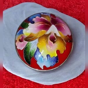 Vintage Artisan Orchid Cloisonne Floral Brooch Pendant Silver Plated